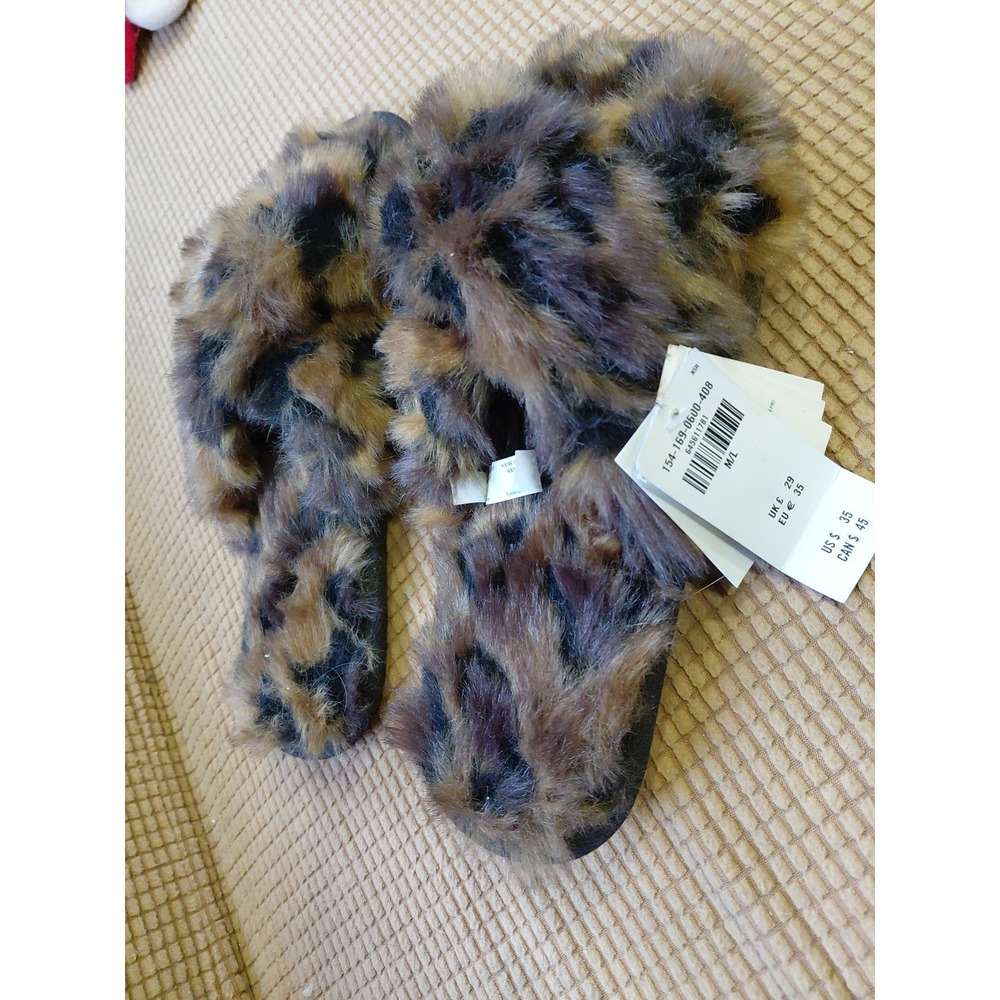 Women's  M/L New‎ Abercrombrie& Finch Leopard Faux Fur Slippers  House Shoes Vtg